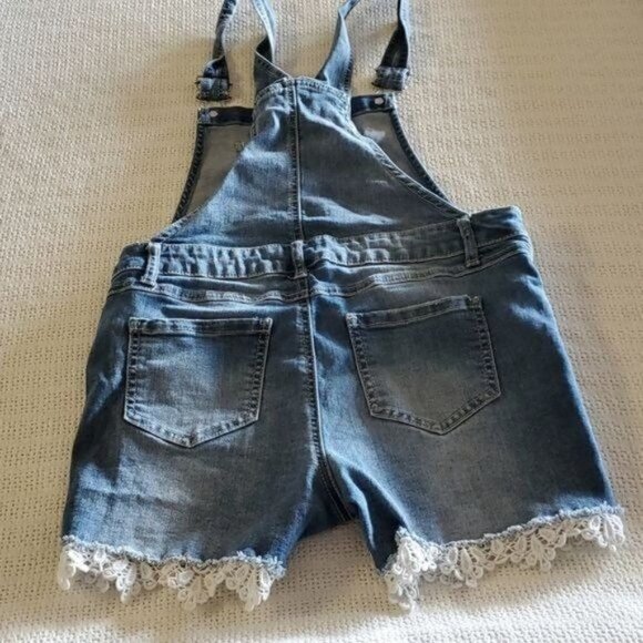 LAST CHANCE Imperial Star 1" Laced Hem Sz. 14 Bib Blue Jean Overalls Shorts - Picture 3 of 4